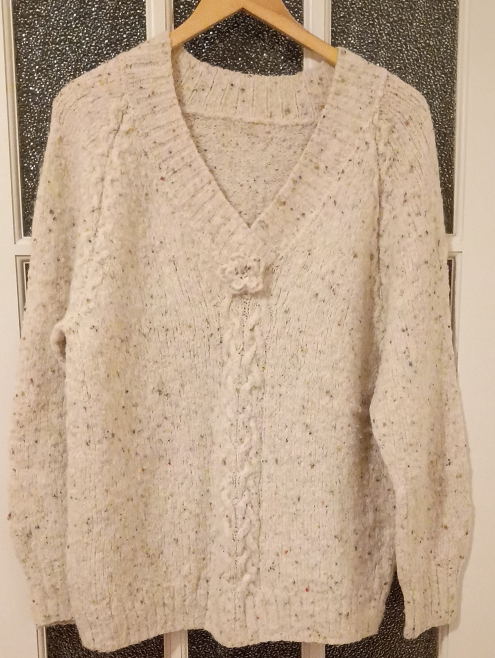 Speckled Cream V-Neck Cable Hand Knit Sweater